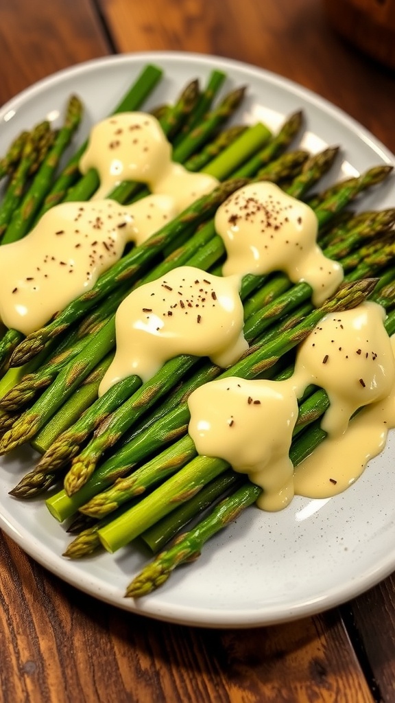 A beautiful plate of asparagus topped with hollandaise sauce, garnished with pepper, on a rustic wooden table.